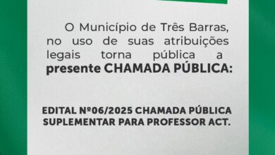Prefeitura de Três Barras divulga o Edital (06/2025) de Chamada Pública Suplementar